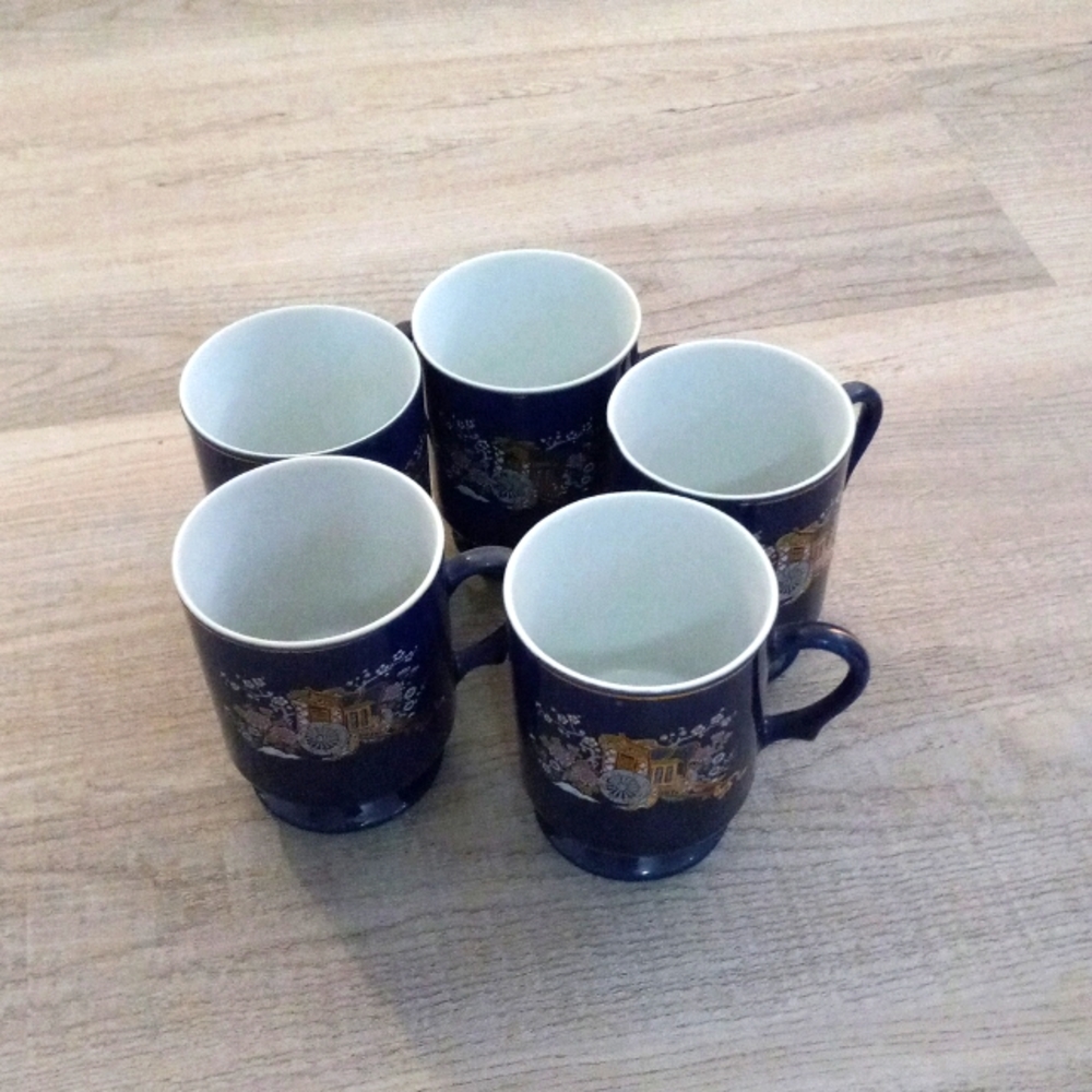 5 Vintage Hand Painted Rickshaw Scene Mugs